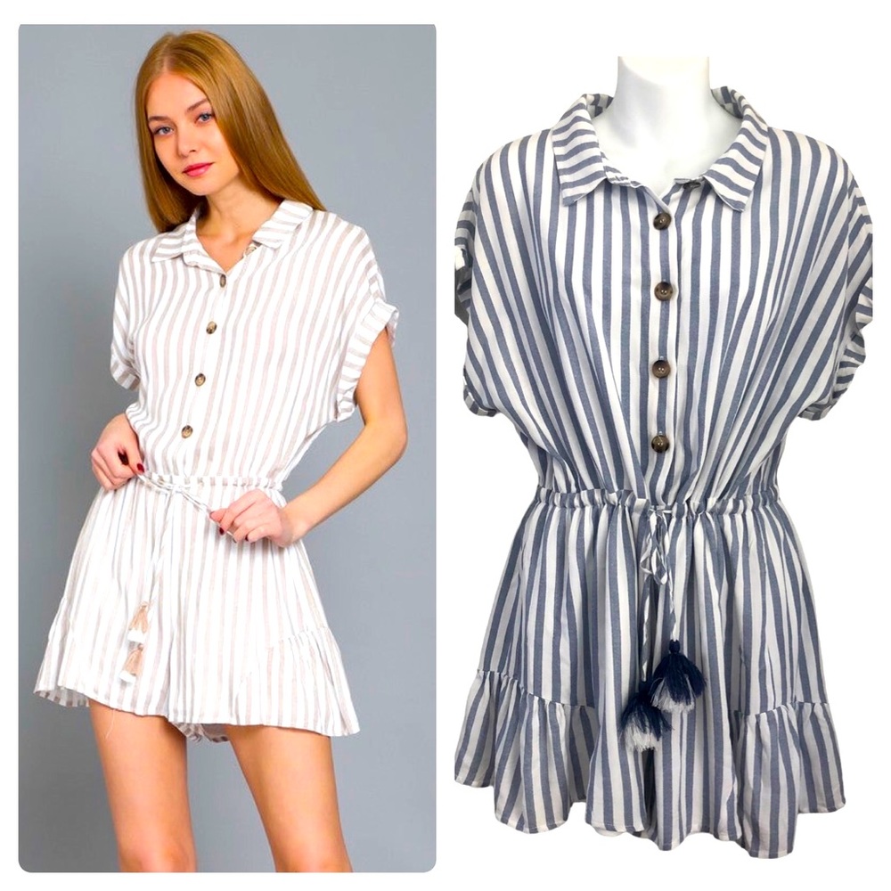 Bond 73 White and Blue Striped Romper Dress SZ M